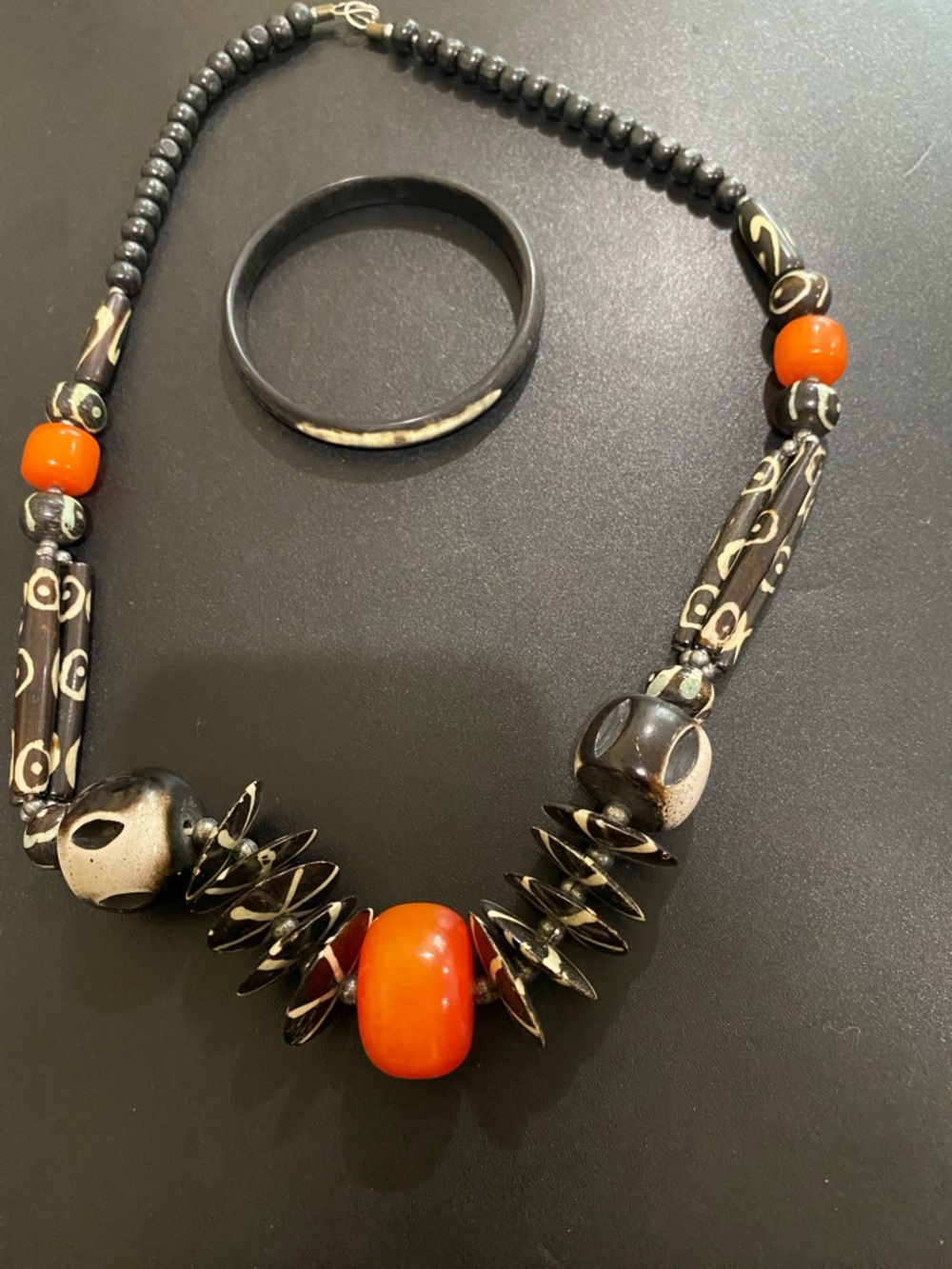 Handcrafted Black and Orange Beaded Statement Necklace with Bracelet